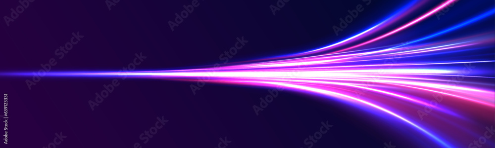 Fototapeta premium Lines in the shape of a comet against a dark background. Illustration of high speed concept. Acceleration speed motion on night road. 