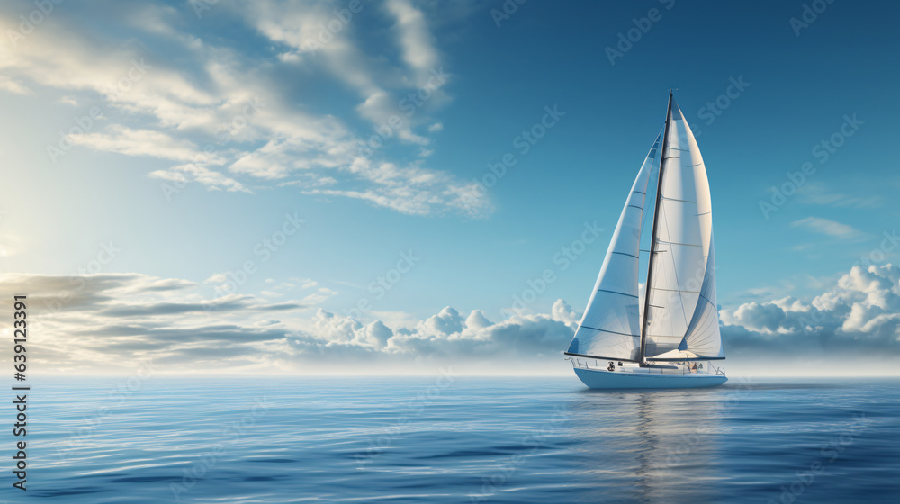 Sailboat gracefully sails over the undulating waves of a pristine ocean with a modern background.

Generative AI