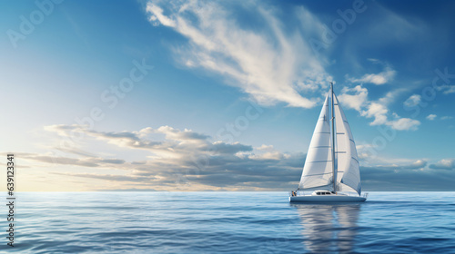 Sailboat gracefully sails over the undulating waves of a pristine ocean with a modern background.Generative AI