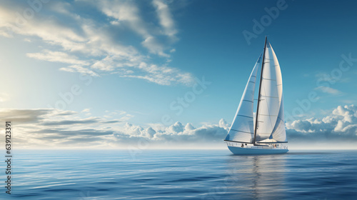 Sailboat gracefully sails over the undulating waves of a pristine ocean with a modern background.  Generative AI © Nico Vincentini