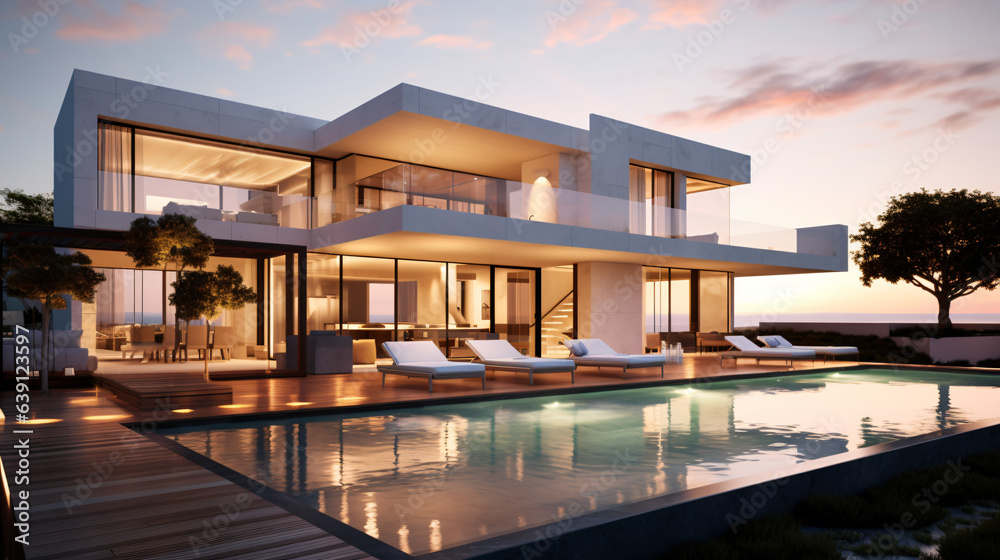 Exterior view of a modern cubic villa featuring a swimming pool, captured at sunset.

Generative AI