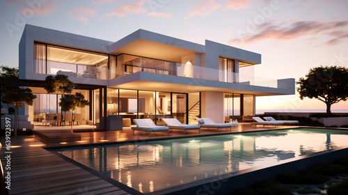 Exterior view of a modern cubic villa featuring a swimming pool, captured at sunset.Generative AI