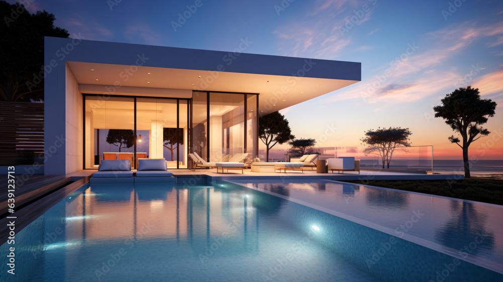 Exterior view of a modern cubic villa featuring a swimming pool, captured at sunset.
Generative AI Exterior view of a modern cubic villa featuring a swimming pool, captured at sunset.
Generative AI