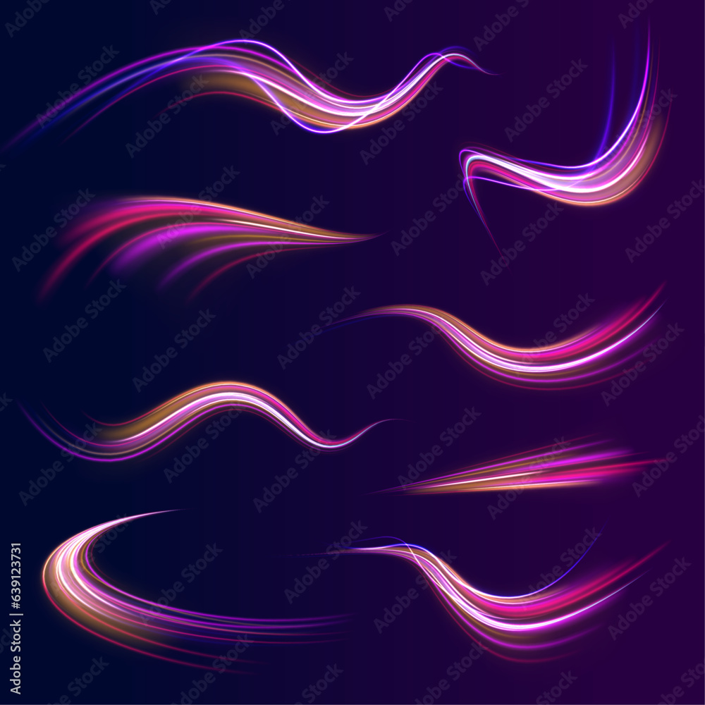 Fototapeta premium Neon glowing lines, spiral effect, fast car speed. Laser beams luminous abstract sparkling isolated on a transparent background. Vector Illustration.