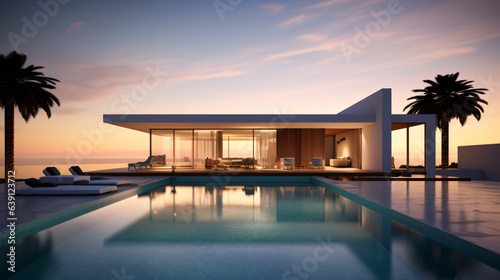 Exterior view of a modern cubic villa featuring a swimming pool, captured at sunset.  Generative AI © Nico Vincentini