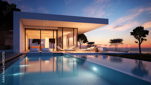 Exterior view of a modern cubic villa featuring a swimming pool, captured at sunset.  Generative AI © Nico Vincentini