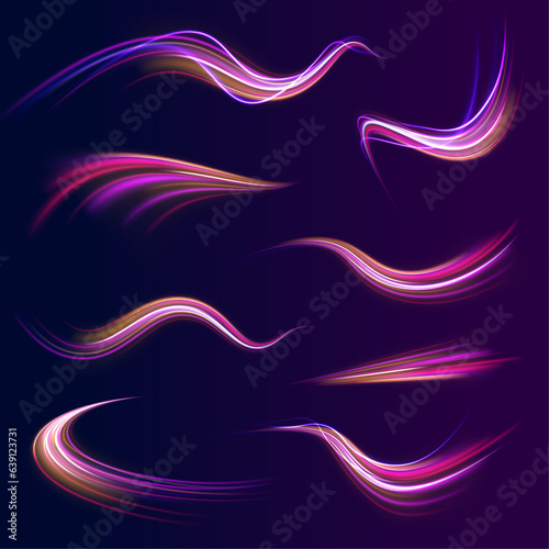 Neon glowing lines, spiral effect, fast car speed. Laser beams luminous abstract sparkling isolated on a transparent background. Vector Illustration.