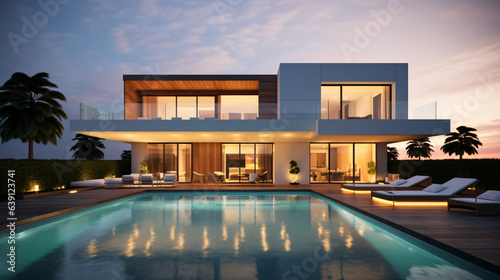 Exterior view of a modern cubic villa featuring a swimming pool, captured at sunset.Generative AI