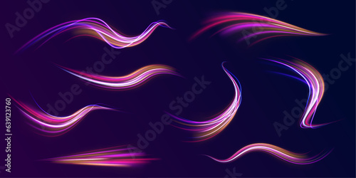 A set of light lines in the form of swirls and waves. Neon stripes in the form of a sow road or a racing track. Futuristic dynamic motion technology. photo