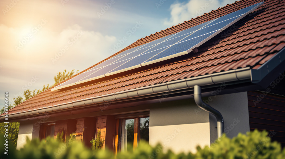 Close-up of a new building featuring solar panels on the roof, highlighting sustainable and clean energy in a modern home setting.
Generative AI Close-up of a new building featuring solar panels on the roof, highlighting sustainable and clean energy in a modern home setting.
Generative AI