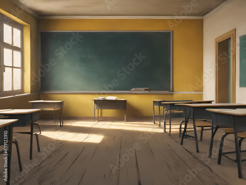 Empty School Classroom Blank Chalkboard Matte Painting Cartoon Background © Porscifant Art