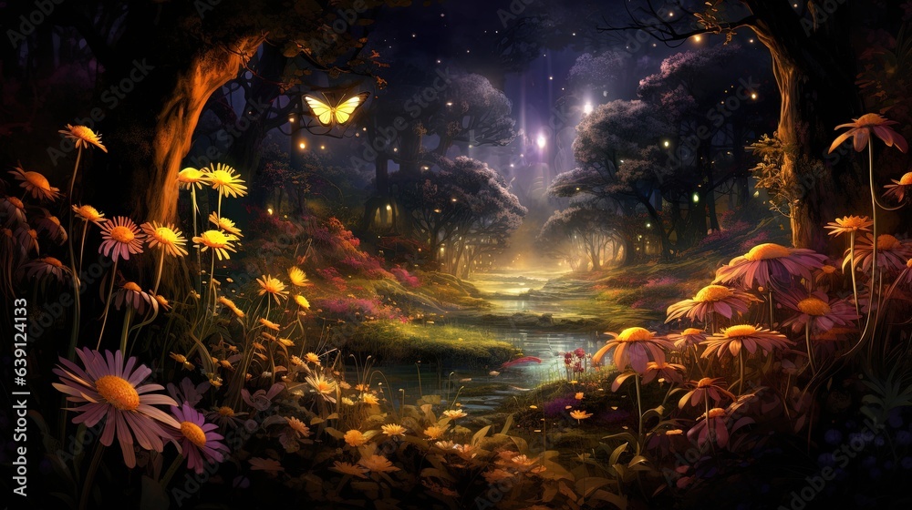 a painting of a night scene with flowers and a stream. generative ai a painting of a night scene with flowers and a stream. generative ai