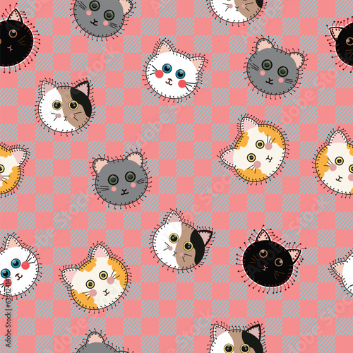 Vector illustration of a patchwork sewn background with geometric design in the shape of a cat character, seamless and without connected elements.
