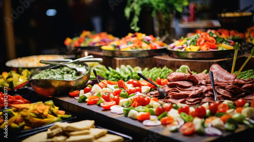 Buffet catering spread featuring a variety of meats, colorful fruits, and vegetables, set indoors in a restaurant with a modern background.Generative AI