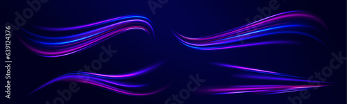  Blurred motion. Sparkling flow. Vector abstract dynamic dark. Neon stripes in the form of a sow road or a racing track.