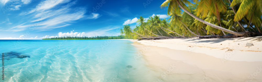 Travel Beach Concept: Pristine white sand meets a tranquil sea bay under a sunlit blue sky. Featuring exotic paradise vibes from the Mediterranean to the tropics, with green palm trees. Generative AI