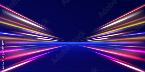 Purple glowing wave swirl, impulse cable lines. Speed light streaks vector background with blurred fast moving light effect, blue purple colors on black. 