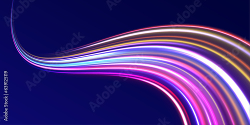 Panoramic horizontal high speed highway concept, light abstract background. Technology flow design illustration.