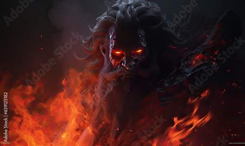 Photo of a menacing demon with fiery red eyes and menacing horns photo