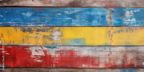Texture of oldschool vintage wood planks arranged on a fence, yellow, red, cyan, paint peeling, abstract background, Generative AI photo