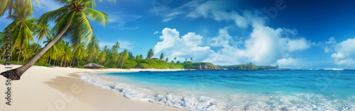 Travel Beach Concept  Pristine white sand meets a tranquil sea bay under a sunlit blue sky. Featuring exotic paradise vibes from the Mediterranean to the tropics  with green palm trees. Generative AI