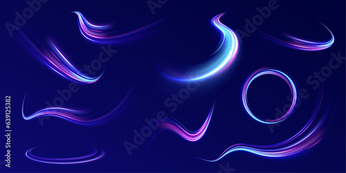 Red blue motion police line, horizontal light rays. Abstract vector fire circles, sparkling swirls and energy light spiral frames. Luminous stripes on a transparent background. Vector.
