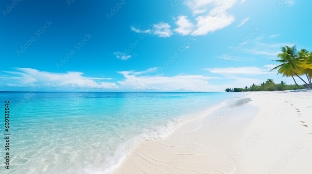 Travel Beach Concept: Pristine white sand meets a tranquil sea bay under a sunlit blue sky. Featuring exotic paradise vibes from the Mediterranean to the tropics, with green palm trees. Generative AI