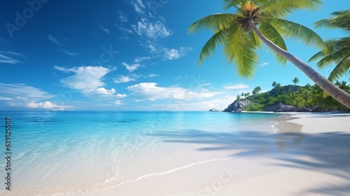 Travel Beach Concept: Pristine white sand meets a tranquil sea bay under a sunlit blue sky. Featuring exotic paradise vibes from the Mediterranean to the tropics, with green palm trees. Generative AI © Nico Vincentini