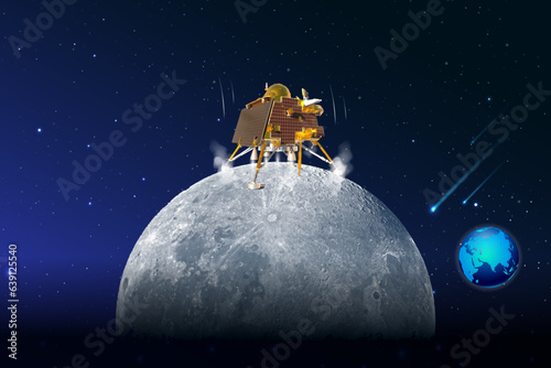 India moon mission 3 successful landing background. Indian Flag and Successful landing on the surface of the Moon.