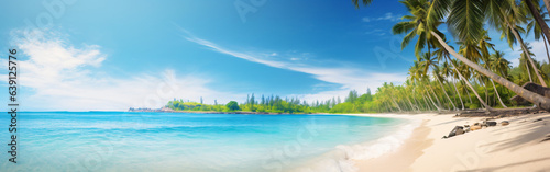 Travel Beach Concept  Pristine white sand meets a tranquil sea bay under a sunlit blue sky. Featuring exotic paradise vibes from the Mediterranean to the tropics  with green palm trees. Generative AI