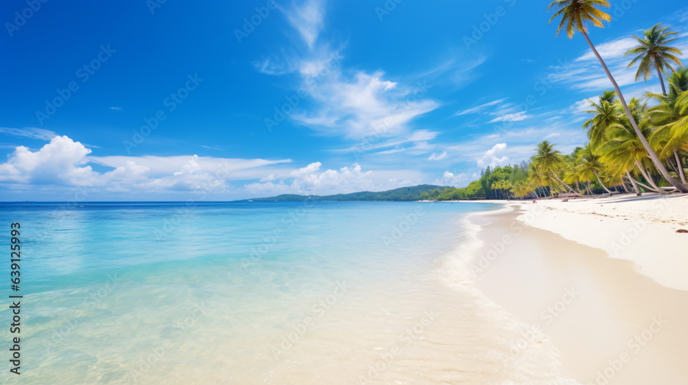 Travel Beach Concept: Pristine white sand meets a tranquil sea bay under a sunlit blue sky. Featuring exotic paradise vibes from the Mediterranean to the tropics, with green palm trees. Generative AI