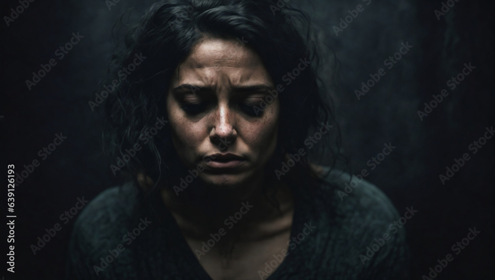 A woman suffering from depression in a dark moody room. A woman suffering from depression in a dark moody room.