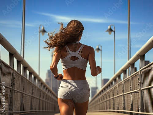 young woman running over a bridge (Generative AI)