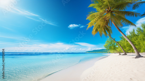 Travel Beach Concept: Pristine white sand meets a tranquil sea bay under a sunlit blue sky. Featuring exotic paradise vibes from the Mediterranean to the tropics, with green palm trees. Generative AI © Nico Vincentini