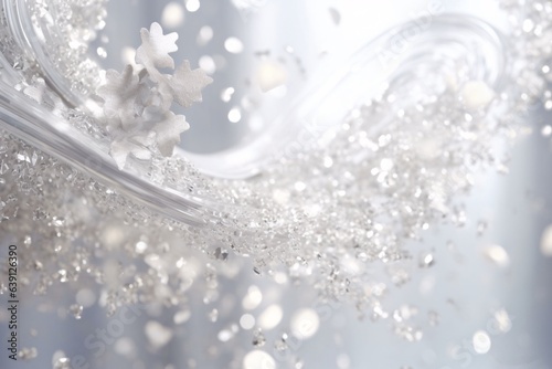 Water splashing on a white background. Abstract background with bokeh defocused lights and glittering particles. Precious Dust. Splash of gems. Selective focus.