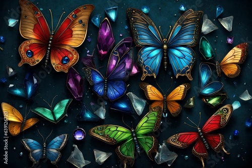 A series of fantastical butterflies  each mimicking the appearance of a different gemstone  such as sapphire  ruby  or emerald