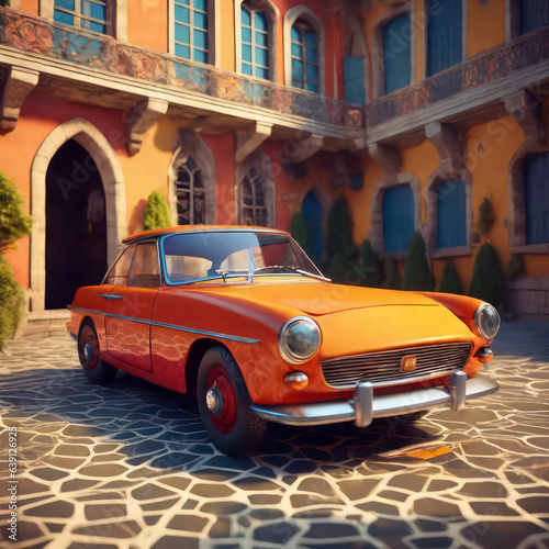 Classic car, cartoon style, parked near the building. generative AI © 2D_Jungle