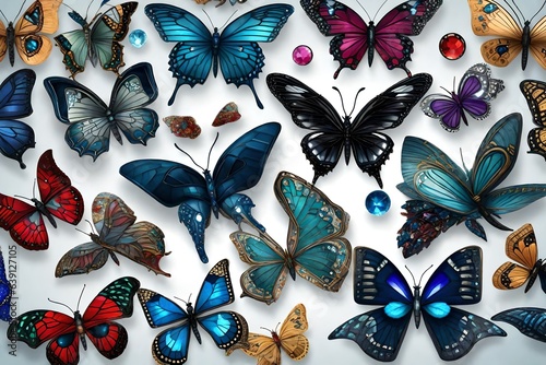 A series of fantastical butterflies, each mimicking the appearance of a different gemstone, such as sapphire, ruby, or emerald © Arqumaulakh50