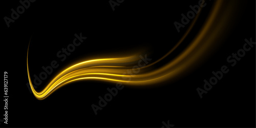 Glittering wavy trail. Golden glowing shiny spiral lines effect. Curved yellow line light. Rotating shining rings. Shine magic gold swirl with flare sparkles Vector	
