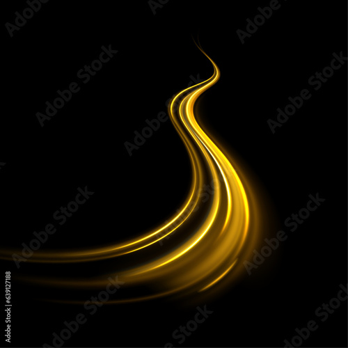 Glittering wavy trail. Golden glowing shiny spiral lines effect. Curved yellow line light. Rotating shining rings. Shine magic gold swirl with flare sparkles Vector 