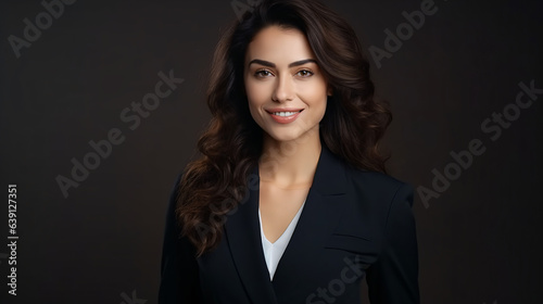 Portrait of a joyful woman gazing into the camera. Elegant businesswoman in a suit against an isolated background.Generative AI