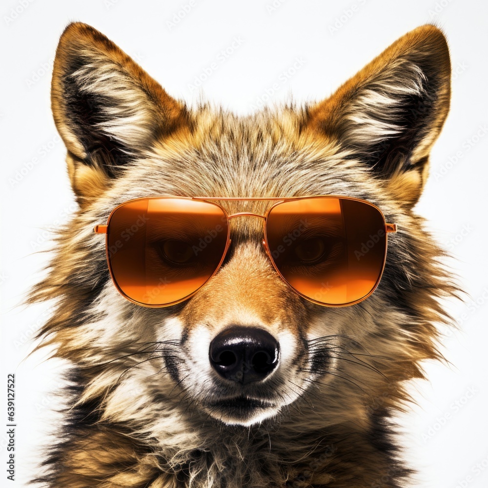 close-up of Coyote with sunglasses on white background