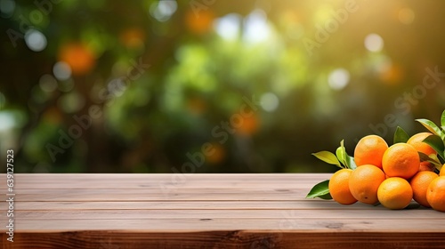 empty wooden table in modern style for product presentation with a blurred orange trees in the background