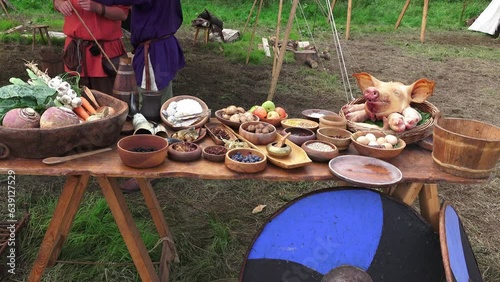 Viking re-enactiment food table typical of the viking period at Woodstown Waterford Ireland photo