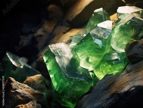 visible raw green gems in the rocky wall of a mine, close-up shot