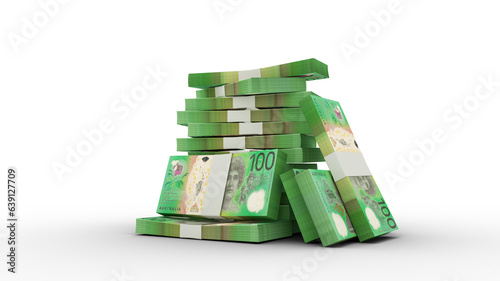 3d rendering of Stacks of 100 Australian dollar notes. bundles of Australian currency notes isolated on transparent background