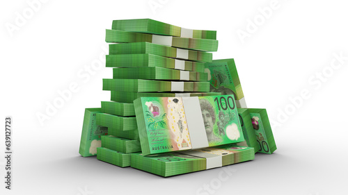 3d rendering of Stacks of 100 Australian dollar notes. bundles of Australian currency notes isolated on transparent background