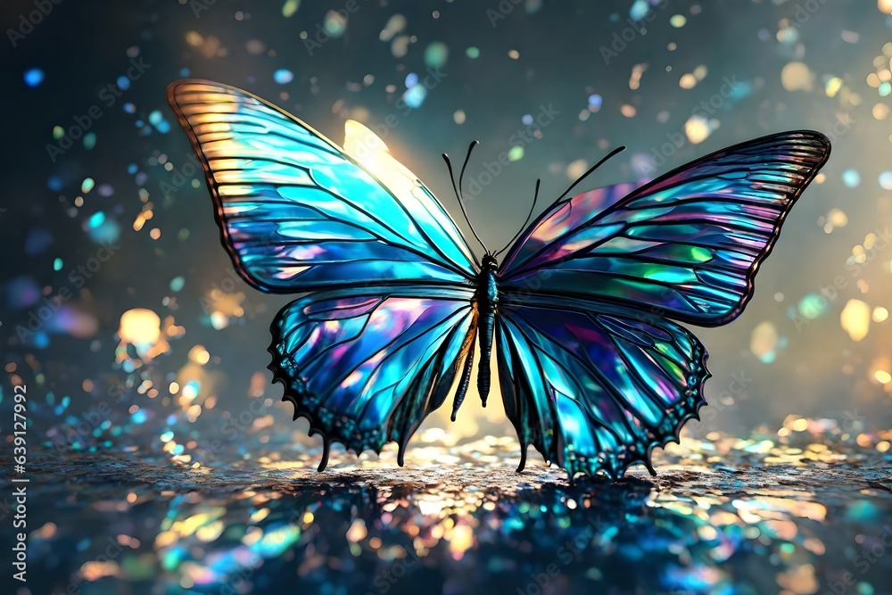 A metallic butterfly with reflective wings, catching and refracting sunlight to create a stunning iridescent effect