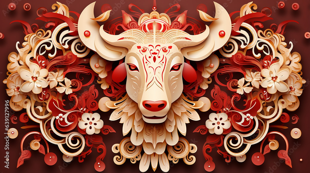 Happy Chinese new year 2024 Zodiac sign year of the bull with paper art. - obrazy, fototapety, plakaty 