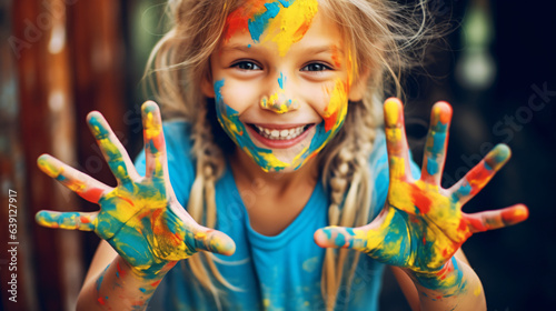 Young girl engaging with colorful paints  hand covered in vibrant hues. Concept of creative and happy childhood against a modern background.  Generative AI